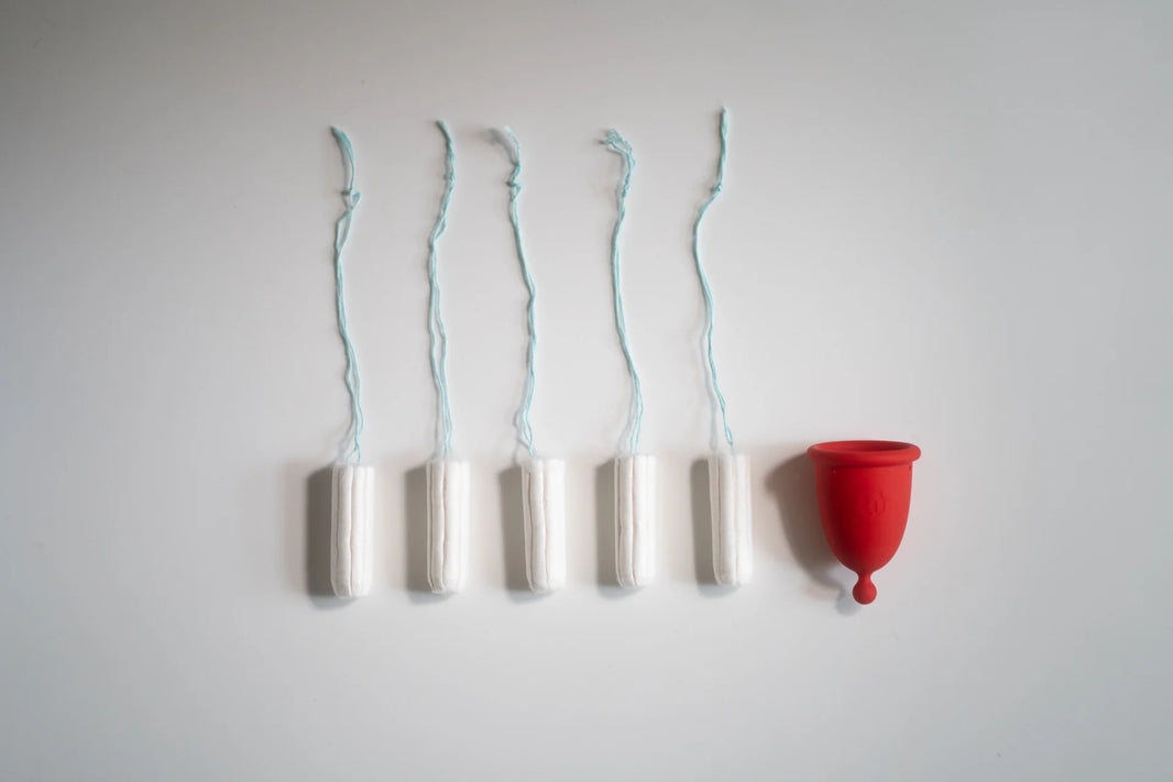 A row of five white disposable tampons lined up next to a single red Whoop·de·doo menstrual cup on a plain white surface.