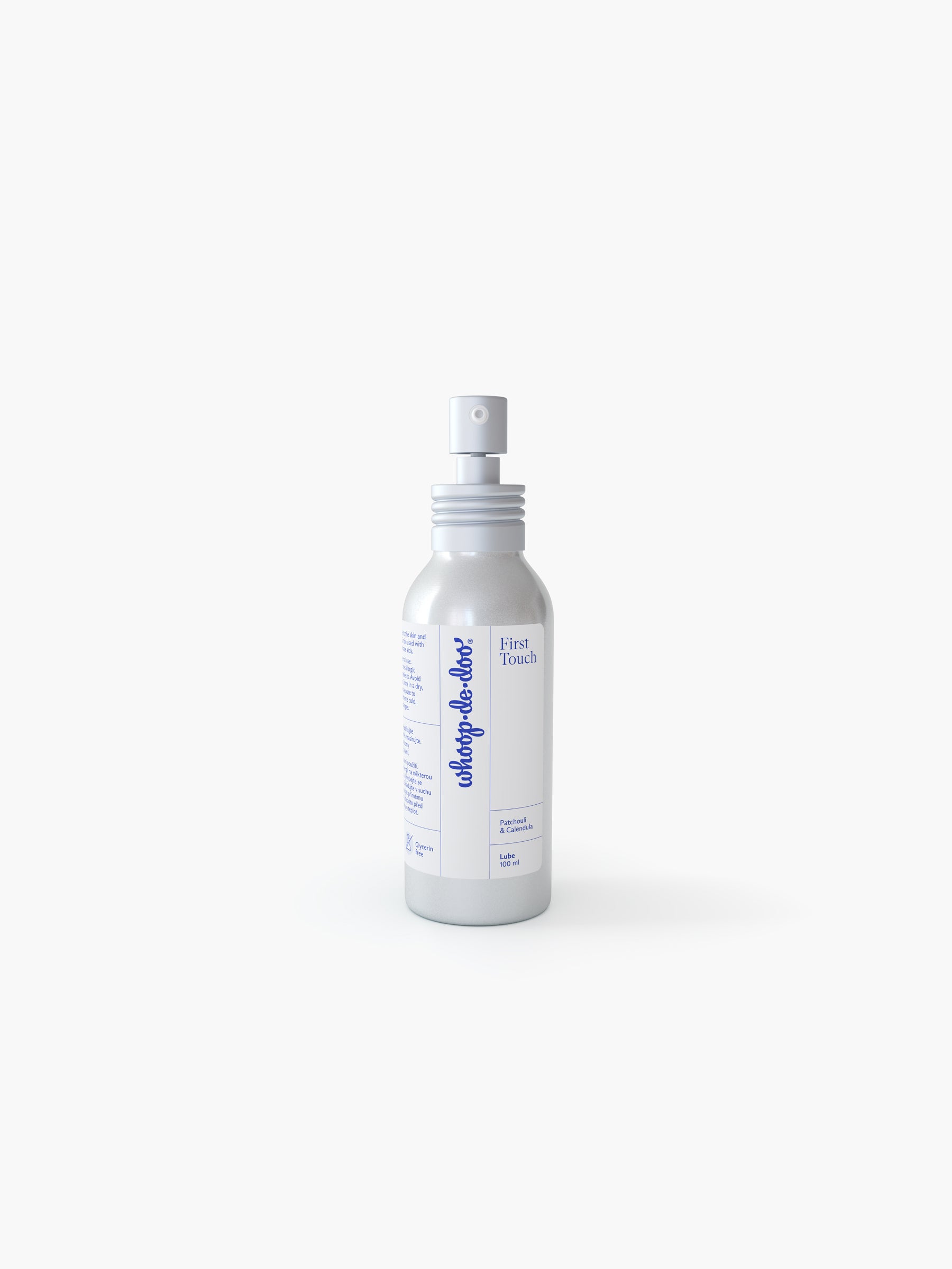 Natural intimacy lubricant Whoop-de-doo First Touch with patchouli and calendula in a design aluminum spray bottle.