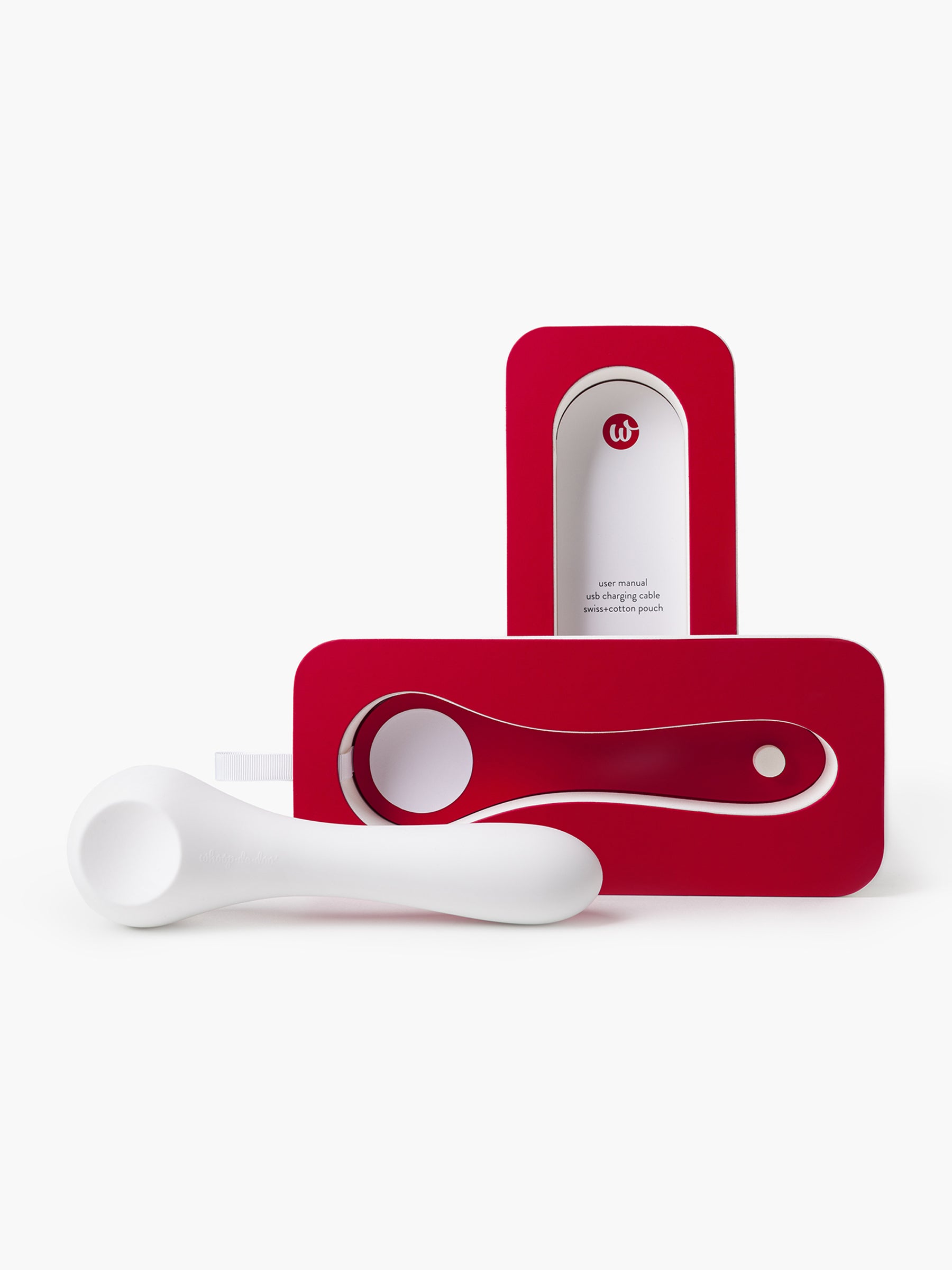 White luxury vibrator Whoop-de-doo Classic displayed next to its signature red and white gift packaging box.